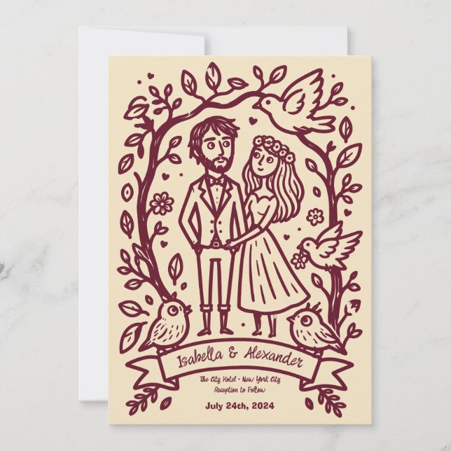 Convite de Casamento Ilustrado à Mão Excêntrico (Frente)