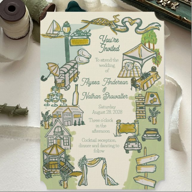 Convite de casamento ilustrado da cidade ribeirinh (Criador carregado)