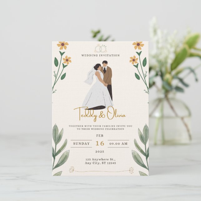 Convite de Casamento Ilustrado Simples Verde Creme (Em pé/Frente)