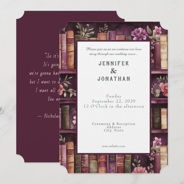 Convite de Casamento Impressão Amantes de Livros R (Frente/Verso)