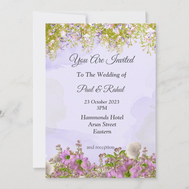 Convite de Casamento Incrível, lindas flores roxas (Frente)