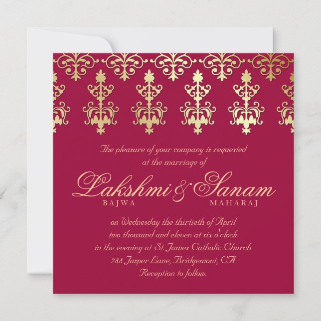 Convite de Casamento Indiano 232 Damasco Dourado V (Frente)
