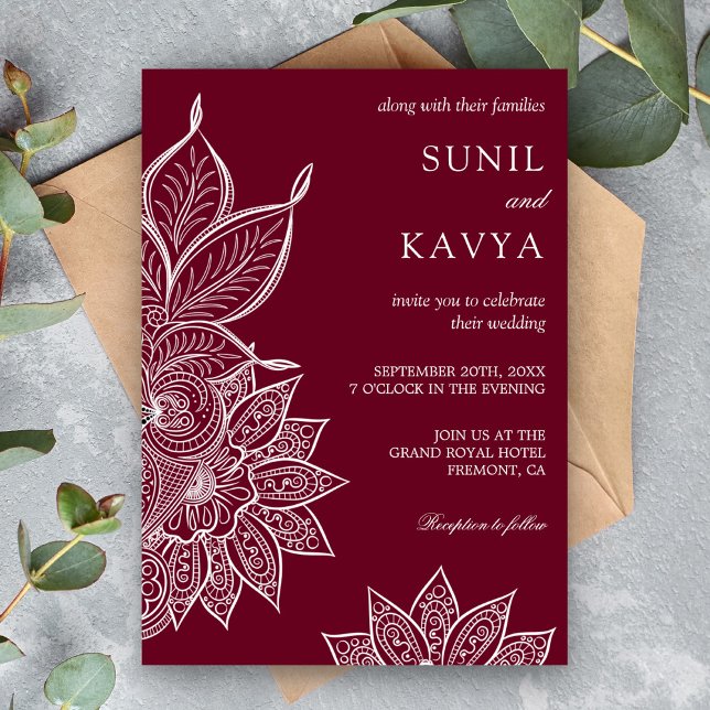 Convite de Casamento Indiano Burgundy Mehendi Henn (Criador carregado)