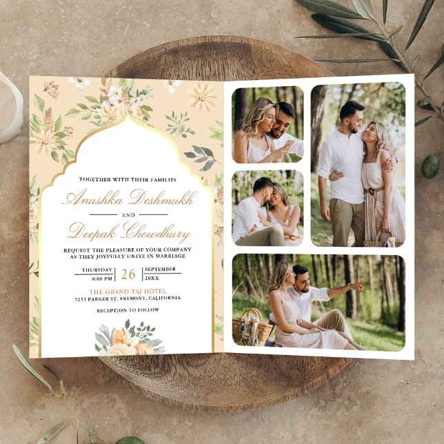 Convite de Casamento Indiano com Código QR Floral  (Criador carregado)