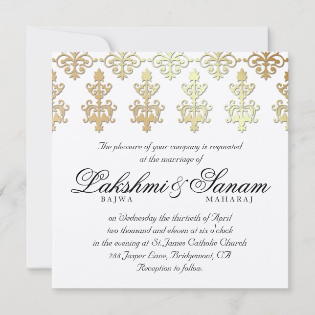 Convite de casamento indiano Damask Dourado Silver (Frente)