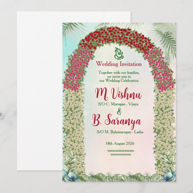 Convite de Casamento Indiano e Arco Floral Elegant (Frente/Verso)