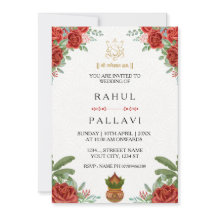 Convite de Casamento Indiano Elegante Rosa Vermelh