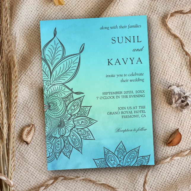 Convite de Casamento Indiano Henna Aquarela Azul (Criador carregado)
