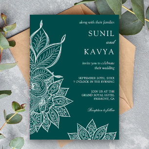 Convite de Casamento Indiano Henna Verde Mar