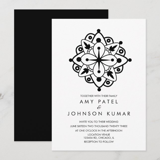 Convite de Casamento Indiano Hindu Preto e Branco  (Frente/Verso)