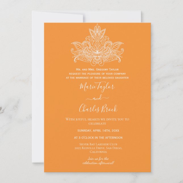 Convite de Casamento Indiano Laranja Paisley (Frente)