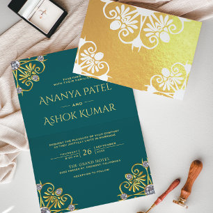 Convite de Casamento Indiano Mandala Azul-Verde e 