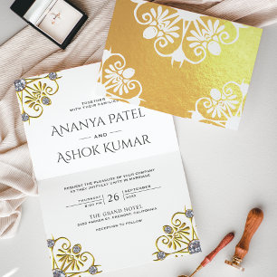 Convite de Casamento Indiano Mandala Branco e Dour