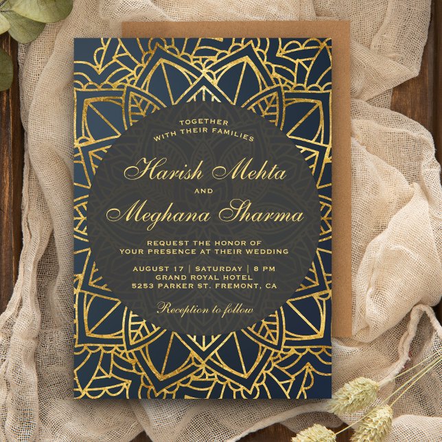 Convite de Casamento Indiano Mandala em Dourado Fa (Criador carregado)