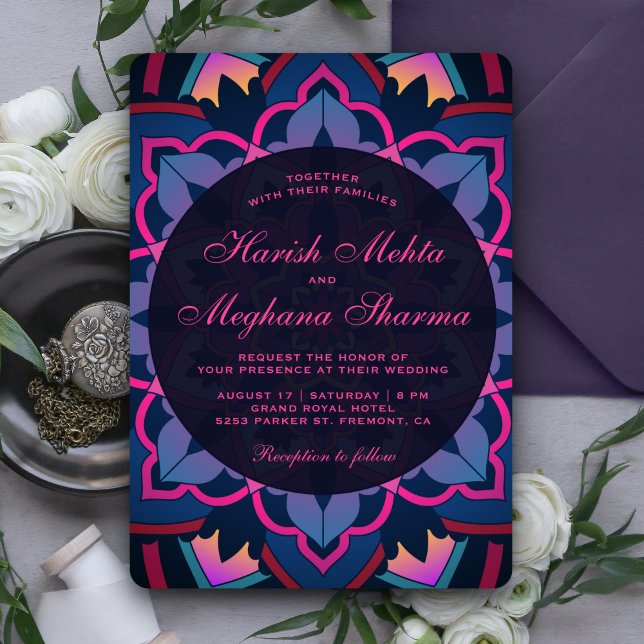 Convite de Casamento Indiano Mandala Floral Azul R (Criador carregado)
