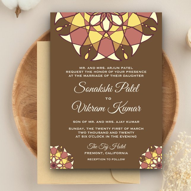 Convite de Casamento Indiano Mandala Marrom Elegan (Criador carregado)