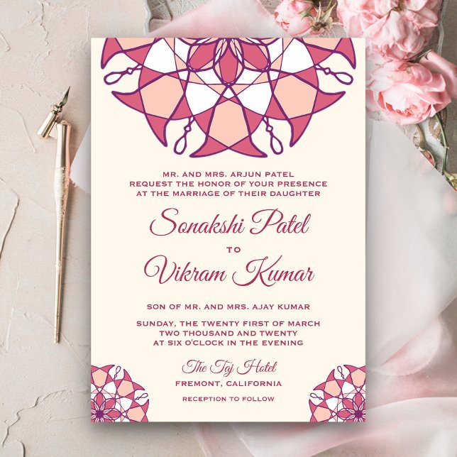 Convite de Casamento Indiano Mandala Rosa Elegante (Criador carregado)