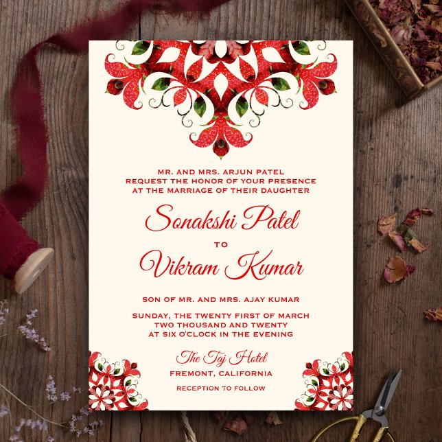 Convite de Casamento Indiano Mandala Vermelho Eleg (Criador carregado)