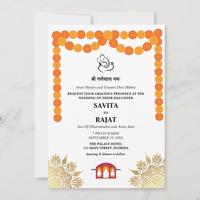 Convite de Casamento Indiano Moderno Único  (Frente)