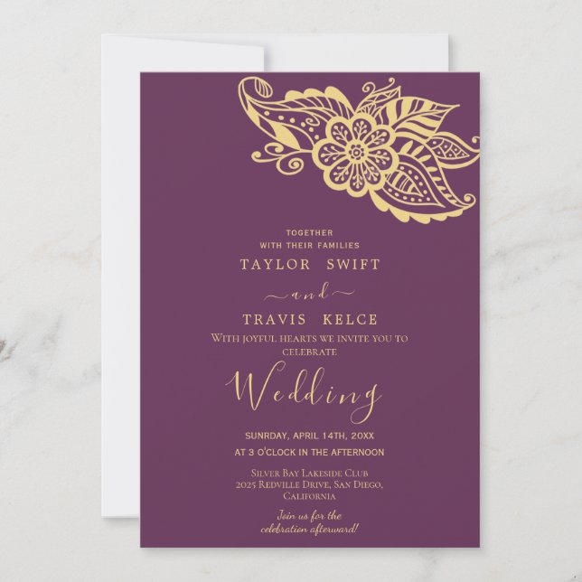 Convite de Casamento Indiano Paisley Dourado (Frente)
