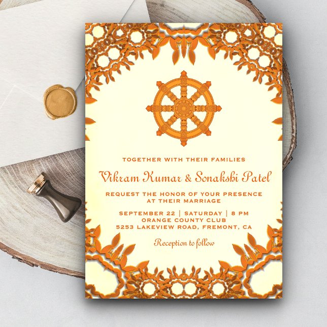 Convite de Casamento Indiano Roda do Darma Ornamen (Criador carregado)