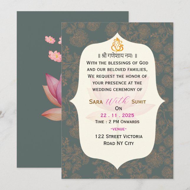 Convite de Casamento Indiano Tradicional Elegante  (Frente/Verso)