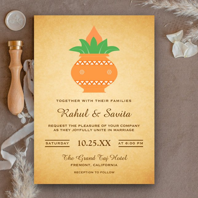 Convite de Casamento Indiano Vintage Elegante Kala (Criador carregado)