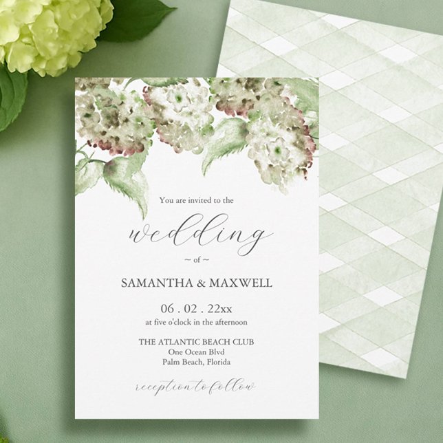 Convite de Casamento Informal com Hortênsia Verde (Informal wedding invitations watercolor green hydrangeas by Victoria Grigaliunas of Do Tell A Belle)
