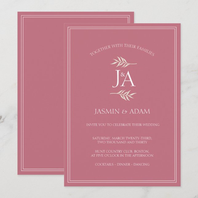 Convite de Casamento Inicial Clássico Rosa Magenta (Frente/Verso)