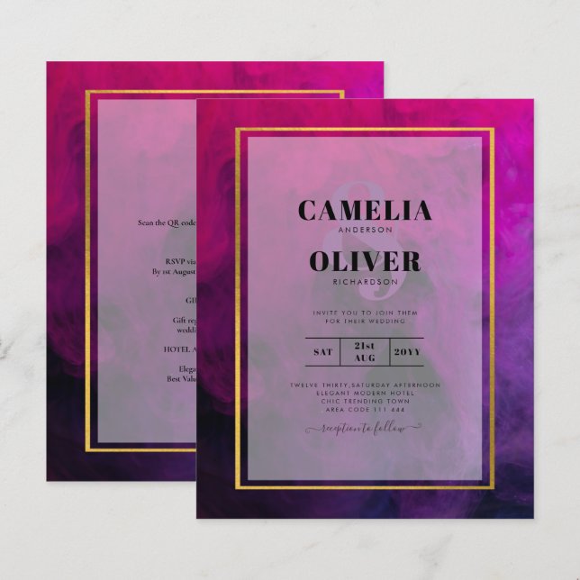 CONVITE de Casamento INK Magenta Ameixa Roxo Inten (Frente/Verso)