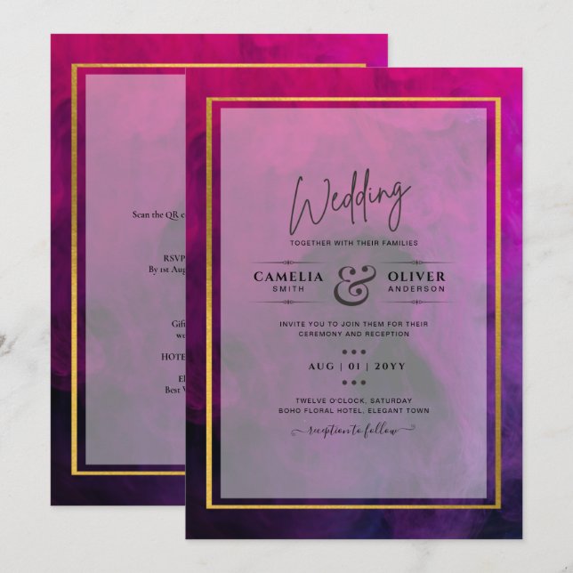 CONVITE de Casamento INK Magenta Intenso Roxo Plum (Frente/Verso)