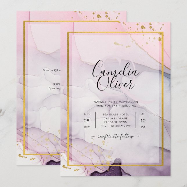 Convite de Casamento INK Rosa Roxo Lavanda Dourado (Frente/Verso)