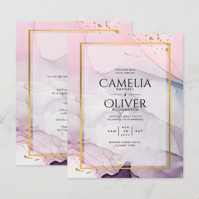 Convite de Casamento INK Rosa Roxo Lavanda Dourado (Frente/Verso)