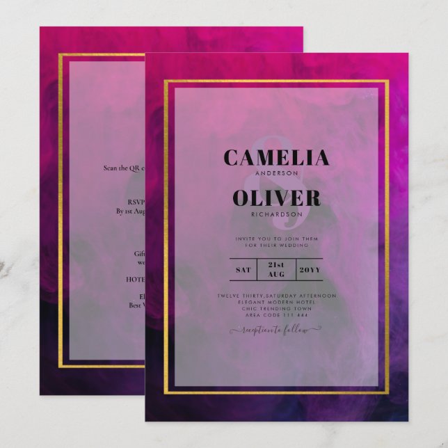 Convite de Casamento INK Roxo Magenta Ameixa Inten (Frente/Verso)