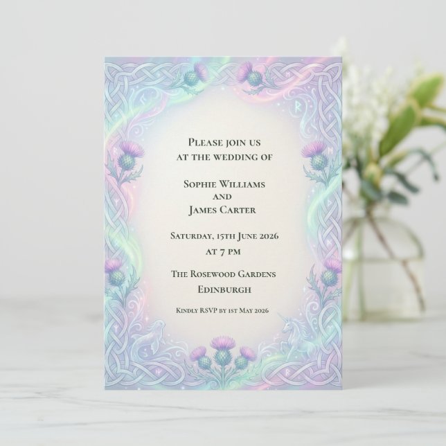 Convite de Casamento Íris Cardo Celta (Em pé/Frente)