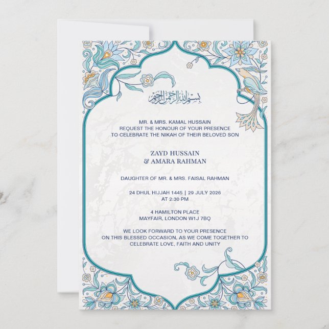 Convite de Casamento Islâmico | Arabesco Floral (Frente)