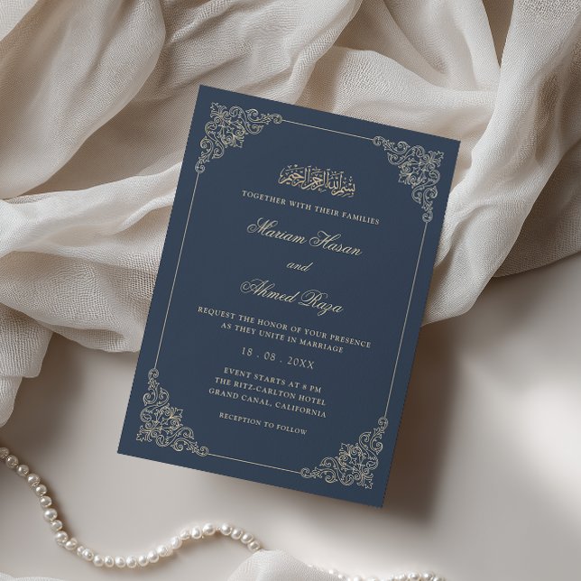 Convite de Casamento Islâmico Azul Naval Romântico (Criador carregado)