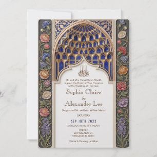 Convite de Casamento Islâmico Azul Poeira e Dourad