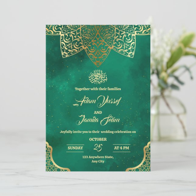 Convite de Casamento Islâmico, Casamento Verde Esm (Em pé/Frente)