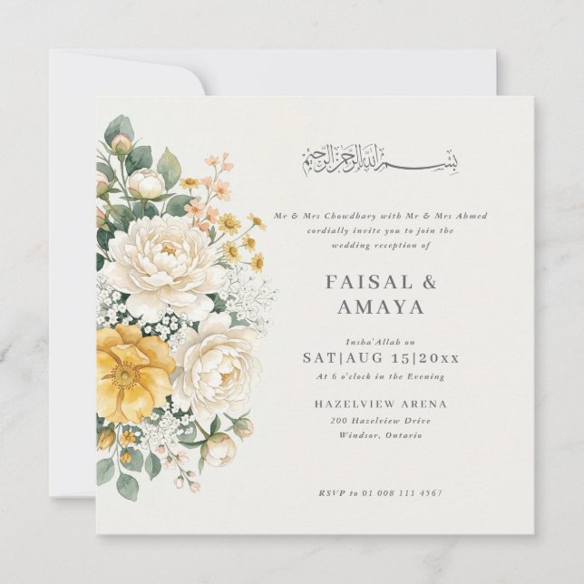 Convite de Casamento Islâmico com Flor de Aquarela (Frente)