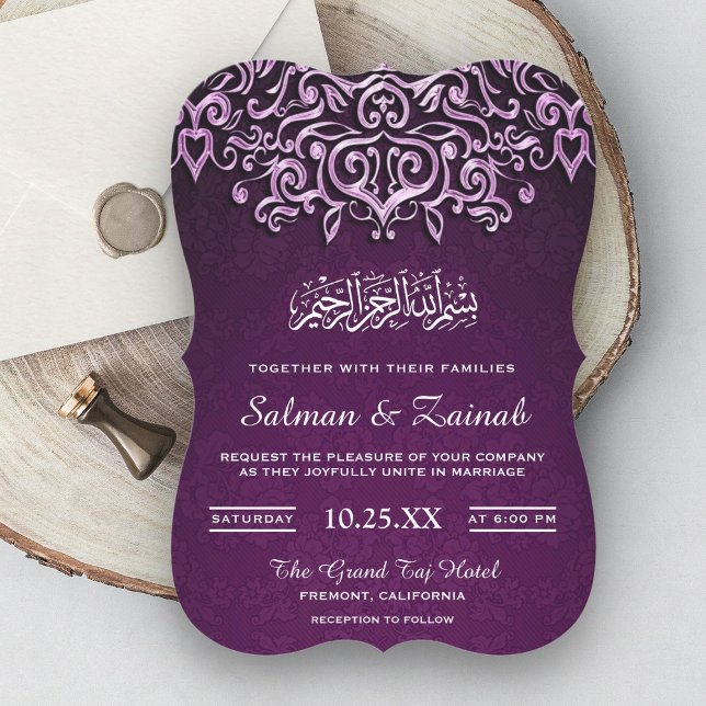 Convite de Casamento Islâmico Damask Magenta (Criador carregado)
