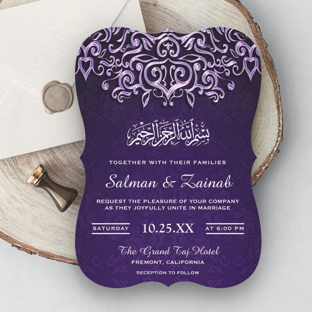 Convite de Casamento Islâmico Damask Roxo (Criador carregado)