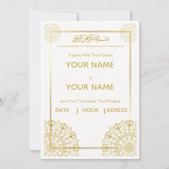 Convite de Casamento Islâmico Dourado Bismillah Ár (Frente)