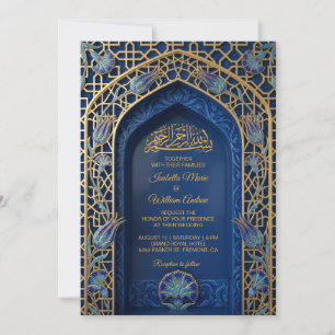 Convite de Casamento Islâmico Elegante Mihrab Azul