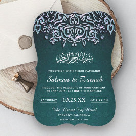 Convite de casamento islâmico em damasco azul-turq