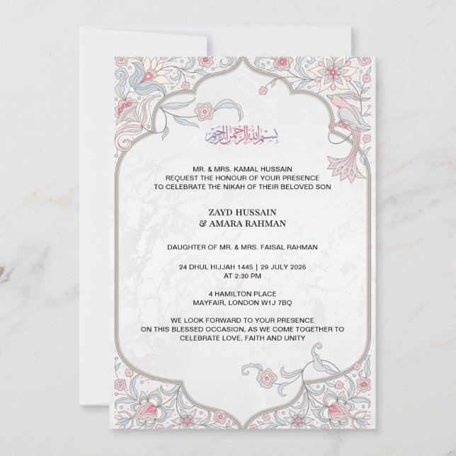 Convite de Casamento Islâmico Floral Arabesco, Bra (Frente)