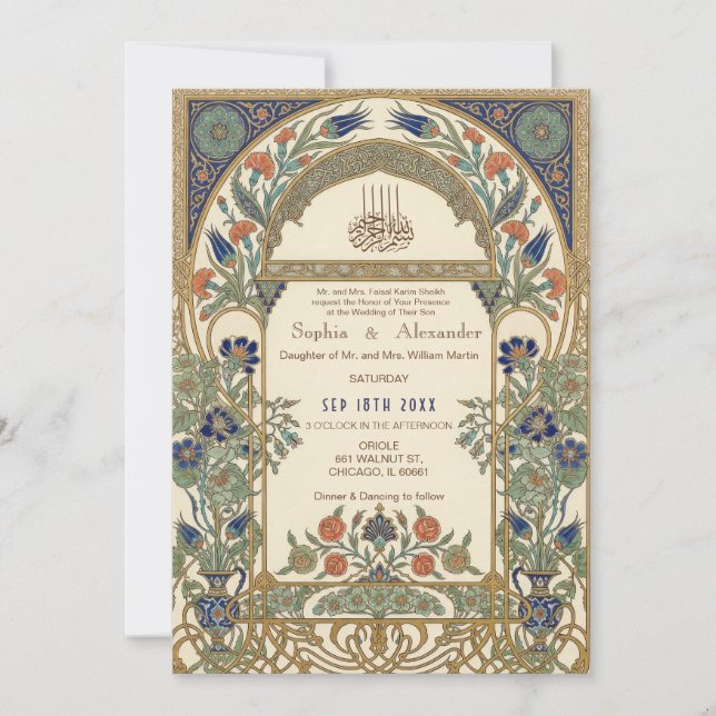 Convite de Casamento Islâmico Floral Dourado Elega (Frente)