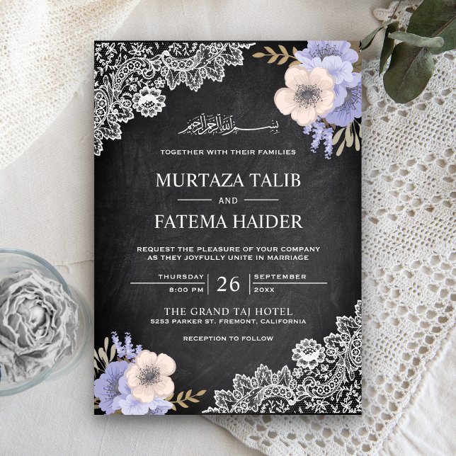 Convite de Casamento Islâmico Floral Roxo com Rend (Criador carregado)