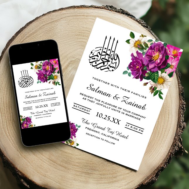 Convite de Casamento Islâmico Floral Roxo Moderno (Criador carregado)