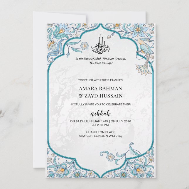 Convite de Casamento Islâmico Luxuoso – Azul Turqu (Frente)